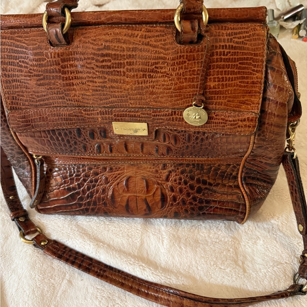 Brahmin pecan Melbourne croc embossed handbag.